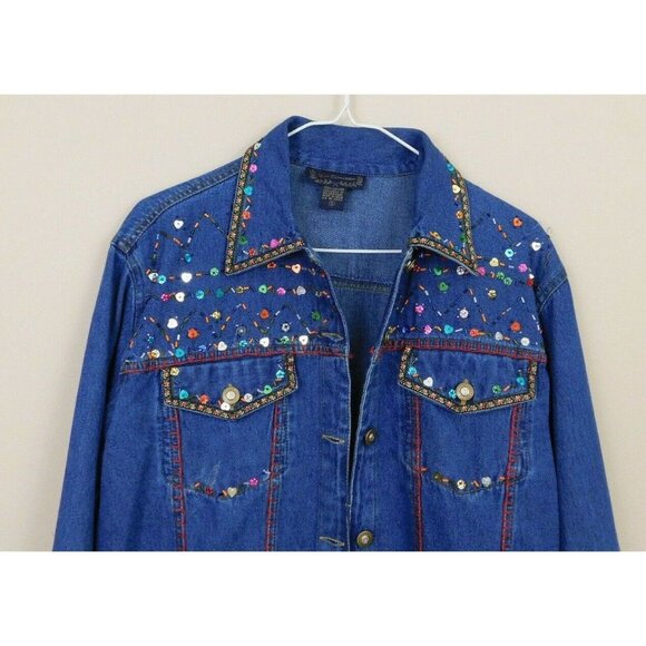 New Direction Womens Dark Wash Denim Jacket Bead Sequin Embellished Size Small - Picture 2 of 8